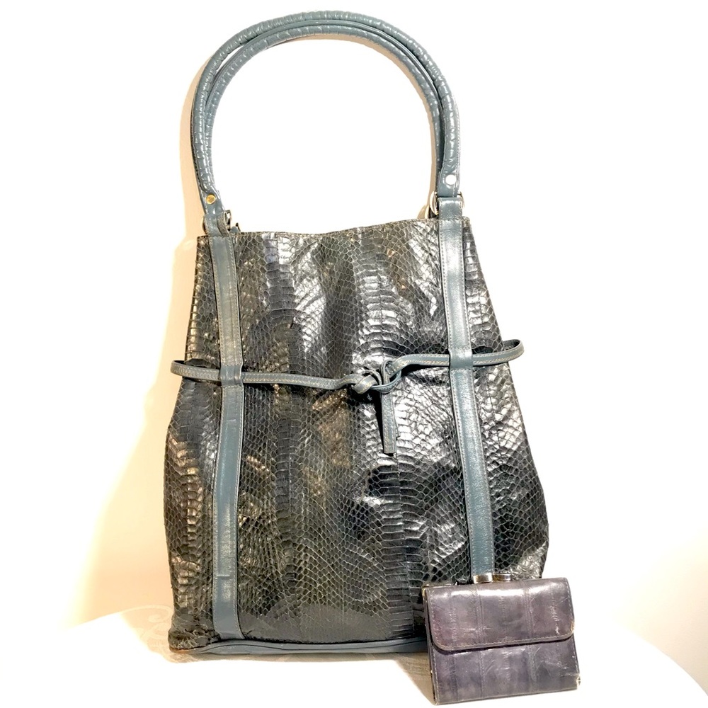 Vintage Dark Gray Snake Skin Bucket Tote Bag & Eel Skin Wallet Billfold